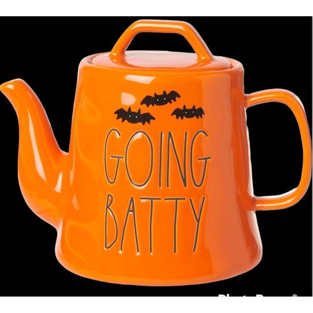Rae Dunn Halloween 2022 "GOING BATTY" Orange Functional Teapot New in Box